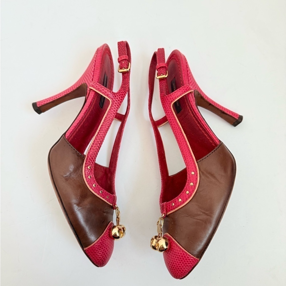 Louis Vuitton Brown Red Leather Takashi Murukami Cherry Sling back pumps EU 38.5 - Picture 3 of 10